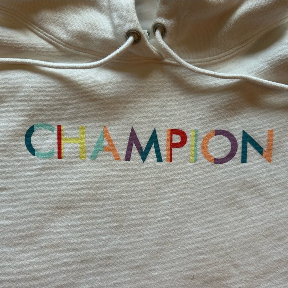 Champion White Pullover Oversized Cropped Hoodie with Multicolor Logo Size M - Picture 2 of 10